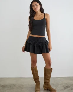 Alna V Waist Skort with Ruffle in Poplin Black