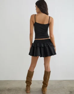 Alna V Waist Skort with Ruffle in Poplin Black