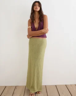 Aloria Maxi Skirt in Sequin Knit Green