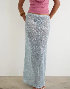 Alphia Maxi Skirt in Seafoam Sequin Knit Blue