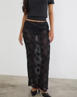 Alphia Maxi Skirt in Sequin Knit Black