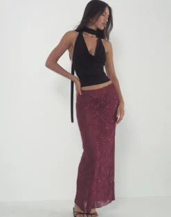 Alphia Maxi Skirt in Sequin Knit Burgundy