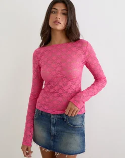 Amabon Long Sleeve Top in Lace Hot Pink