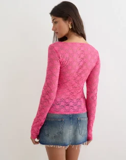 Amabon Long Sleeve Top in Lace Hot Pink