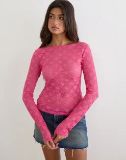 Amabon Long Sleeve Top in Lace Hot Pink