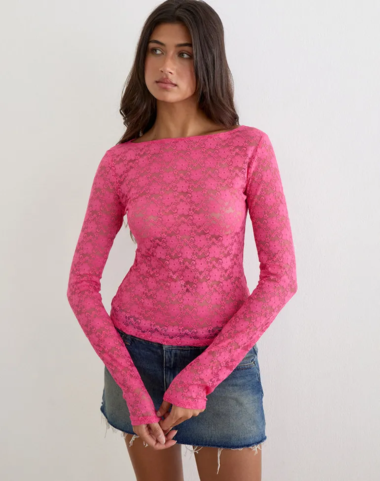 Amabon Long Sleeve Top in Lace Hot Pink