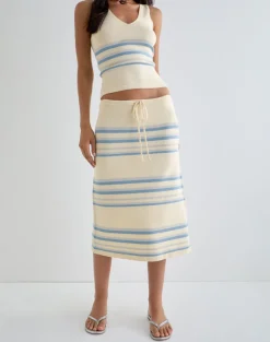 Amalia Midi Skirt in Cream with Blue and Grey Stripes