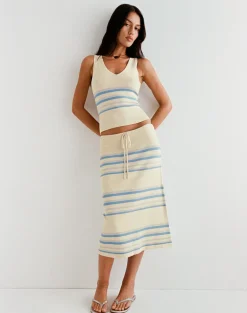 Amalia Midi Skirt in Cream with Blue and Grey Stripes