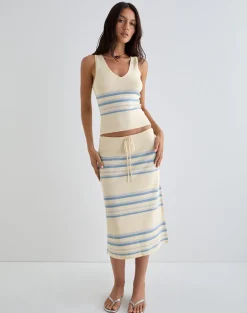 Amalia Midi Skirt in Cream with Blue and Grey Stripes
