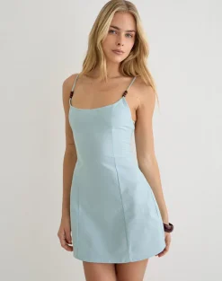 Ambra Scoop Mini Dress in Linen Steel Blue