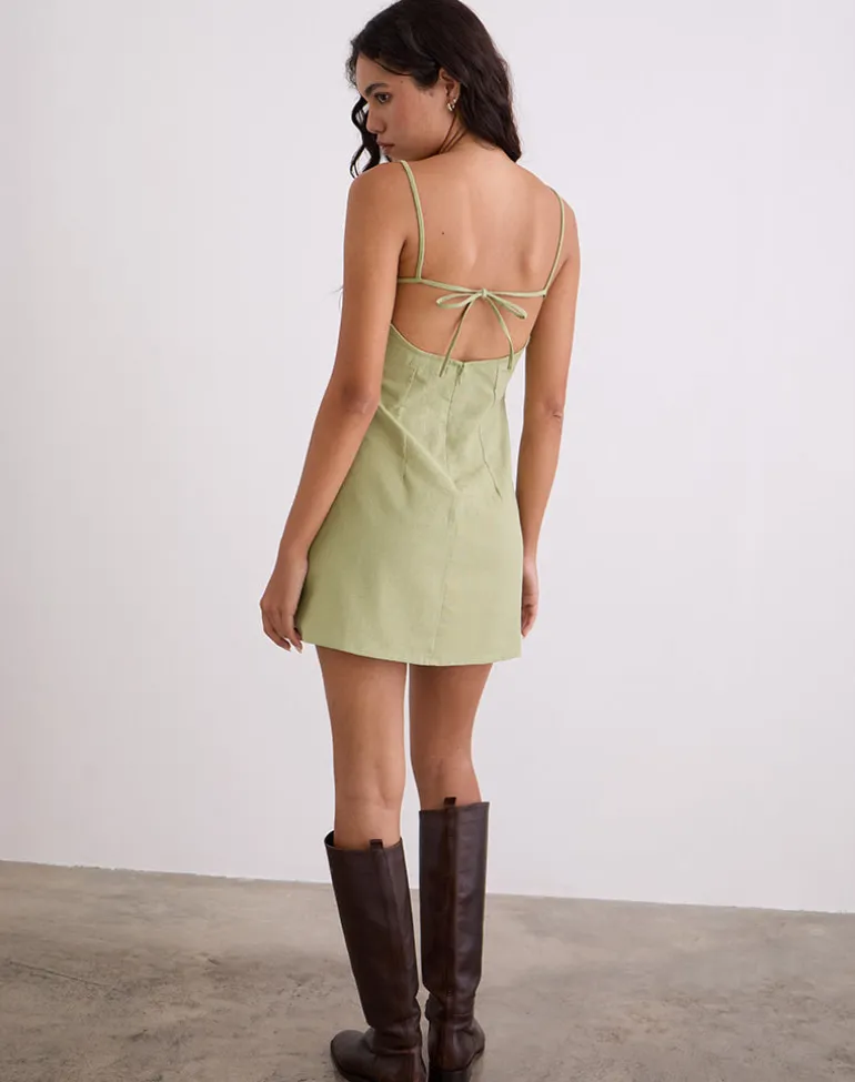 Ambra Scoop Mini Dress in Linen Sage Green