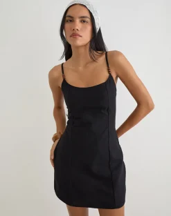 Ambra Scoop Mini Dress in Linen Black