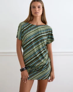 Amelina Mini Dress in Mixed Stripe Green