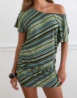 Amelina Mini Dress in Mixed Stripe Green