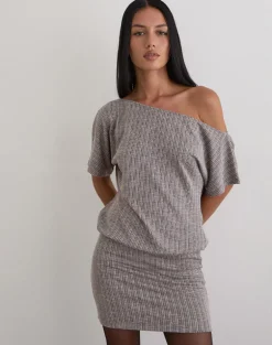 Amelita Mini Dress in Rib Knit Brown Grey