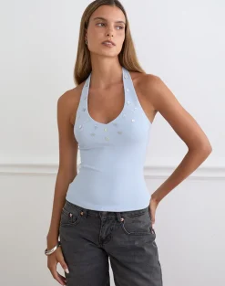 Amita Top with Pearl Buttons in Rib Knit Dusty Blue