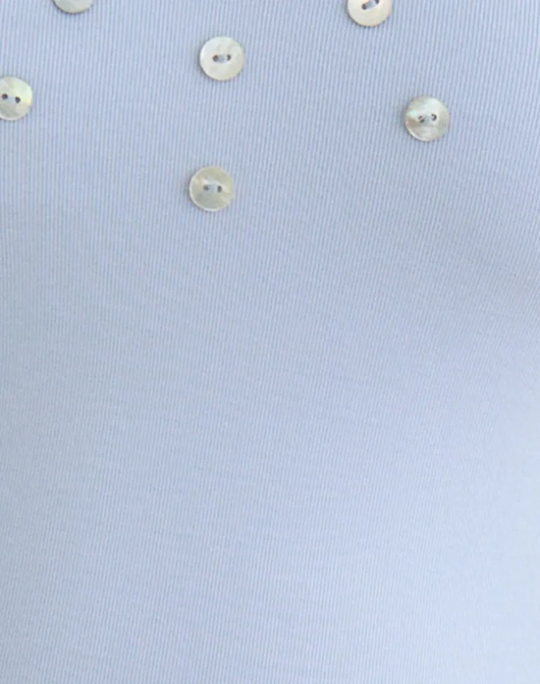 Amita Top with Pearl Buttons in Rib Knit Dusty Blue