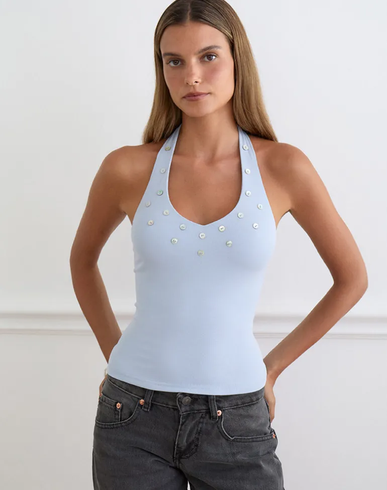 Amita Top with Pearl Buttons in Rib Knit Dusty Blue