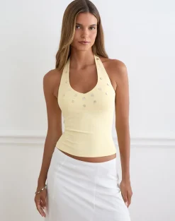 Amita Top with Pearl Buttons in Rib Knit Butter Yellow