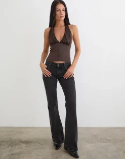 Amuri V-Neck Top in Satin Dark Brown
