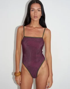 Anavah Swimsuit in Abstract Zebra Burgundy with Green Binding