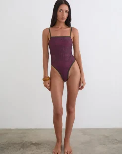 Anavah Swimsuit in Abstract Zebra Burgundy with Green Binding