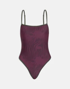Anavah Swimsuit in Abstract Zebra Burgundy with Green Binding