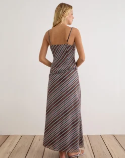 Angie Maxi Dress in Chiffon Grey and Maroon Diagonal Stripe