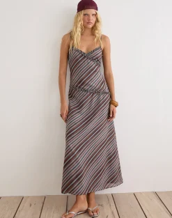 Angie Maxi Dress in Chiffon Grey and Maroon Diagonal Stripe
