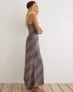 Angie Maxi Dress in Chiffon Grey and Maroon Diagonal Stripe