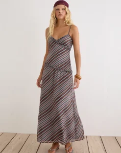 Angie Maxi Dress in Chiffon Grey and Maroon Diagonal Stripe