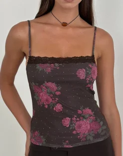 Anoda Cami Top in Brown with Pink Polka Dots and Roses Print