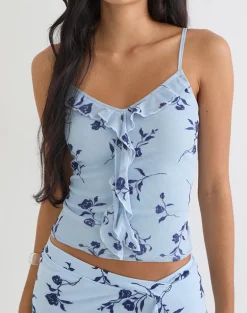 Ansa Frill Cami Top in Thin Leafy Blue