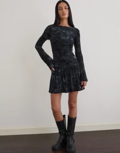 Anyeli Mini Dress in Leaf Velvet Dark Blue