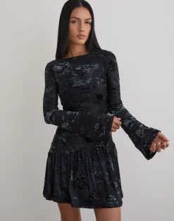 Anyeli Mini Dress in Leaf Velvet Dark Blue