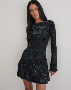 Anyeli Mini Dress in Leaf Velvet Dark Blue