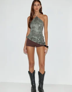 Argeila Halter Top in Green and Grey Sequin