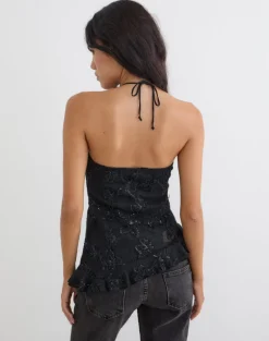 Argeila Halter Top in Sequin Knit Black