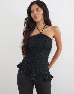 Argeila Halter Top in Sequin Knit Black