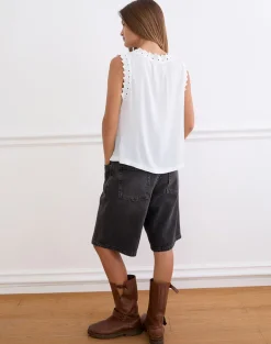 Argya Tie Front Top in Rayon White with Lace Trim