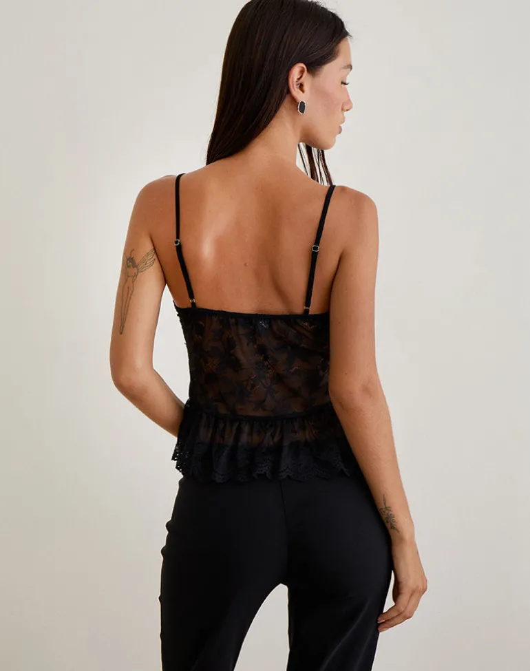 Arin Ruffle Cami Top in Floral Lace Black