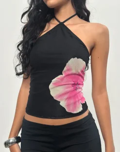 Arira Halterneck Top in Black with Pink Watercolour Flower