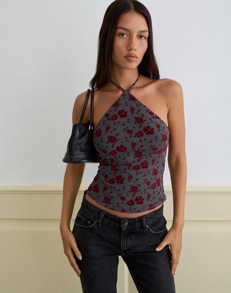 Arira Halter Top in Garden Floral Blue Grey
