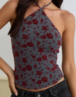 Arira Halter Top in Garden Floral Blue Grey