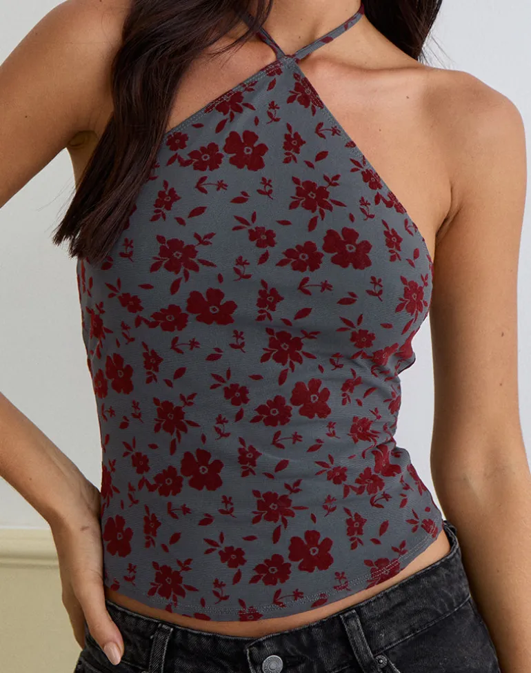 Arira Halter Top in Garden Floral Blue Grey