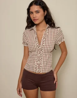 Arla V Neck Blouse in Brown Check