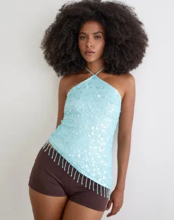 Arlela Top in Net Sequin Blue with Beaded Hem