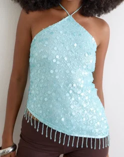 Arlela Top in Net Sequin Blue with Beaded Hem