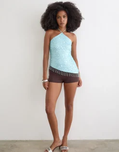 Arlela Top in Net Sequin Blue with Beaded Hem