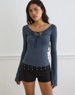 Armel Long Sleeve Keyhole Top in Rayon Jersey Ocean Storm